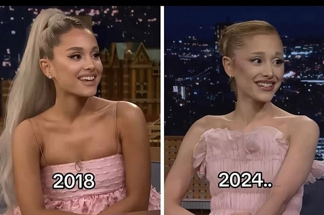 The above image, posted online, shows Ariana Grande at a show in 2018 and again at the same show, also in a pink dress, in 2024