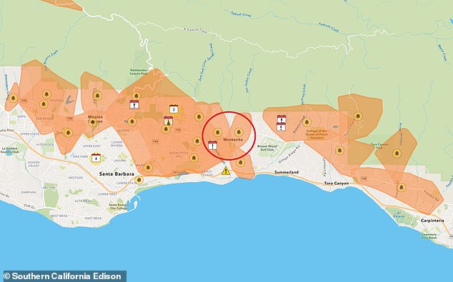 Southern California Edison is considering a so-called Public Safety Power Shutoff (PSPS) in the orange highlighted areas of Santa Barbara County, including Montecito (circled in red)