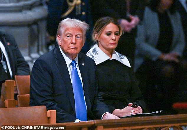 Donald Trump and his wife Melania sit next to each other during Carter's funeral