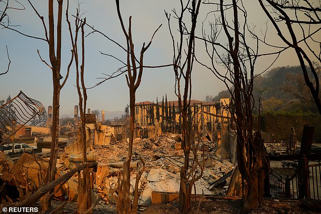 Debris from burned homes can be seen in the Pacific Palisades neighborhood