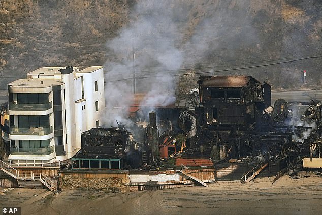 Charred beachfront properties in Malibu that were destroyed or damaged by the Palisades Fire on Thursday