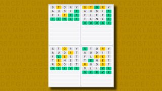 Quordle Daily Sequence answers for game 1082 on a yellow background