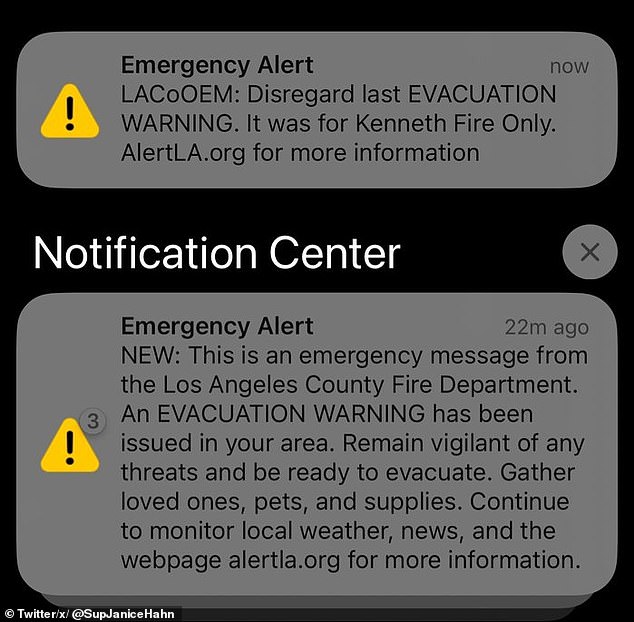 Shortly after the first notification was sent, another was sent to 'ignore' the first one as it was intended for those affected by the Kenneth fire in Woodland Hills