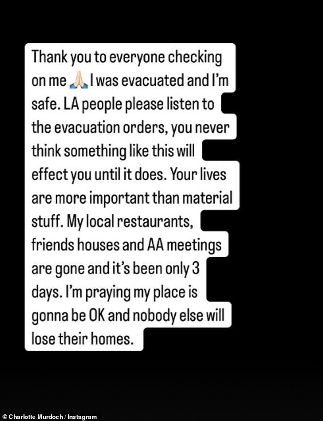 24-year-old Charlotte, who has renamed herself singer Tiarlie, confirmed via her Instagram Stories on Thursday that she was among the people evacuated in Malibu amid the fires.