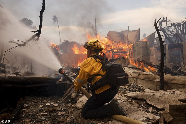 At least 130,000 people have been evacuated so far since a wildfire swept through the upscale Pacific Palisades neighborhood on Tuesday (the fires are pictured on Wednesday)