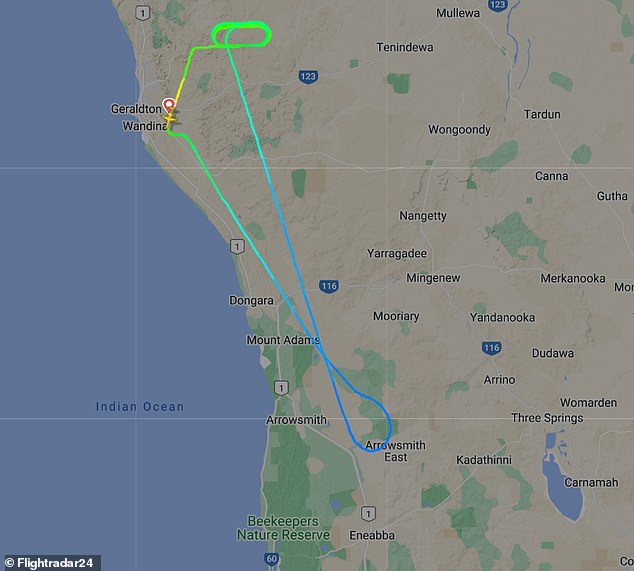 The flight turned around about 45 minutes after takeoff and made a circular pattern before landing back in Geraldton.