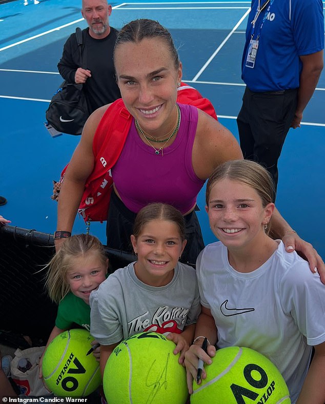 The doting mum was joined by her three daughters – Ivy Mae, 10, Indi Rae, nine, and Isla Rose, five – who were all thrilled to meet their tennis idol Aryna.