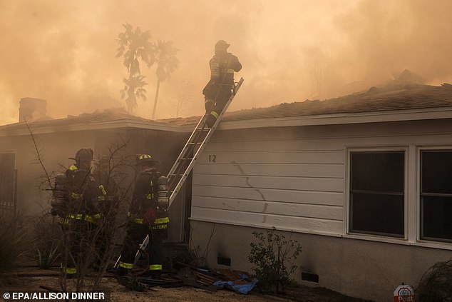 The City of Angels was hit by intense Santa Ana winds exceeding 100 miles per hour in some areas, resulting in numerous wildfires that killed 10 people, destroyed more than 10,000 buildings and forced 130,000 residents to evacuate (Altadena pictured Thursday )