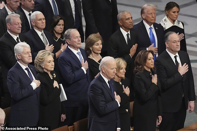 All the former presidents were together in a private room before their entrance to the cathedral, as were their wives and vice presidents Kamala Harris, Dan Quayle, Mike Pence and Al Gore