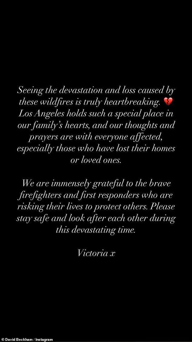 David also shared an Instagram post about the fires on Thursday, writing, “LA is such a special place for my family. I am heartbroken as I wake up to more horrific stories and photos.”