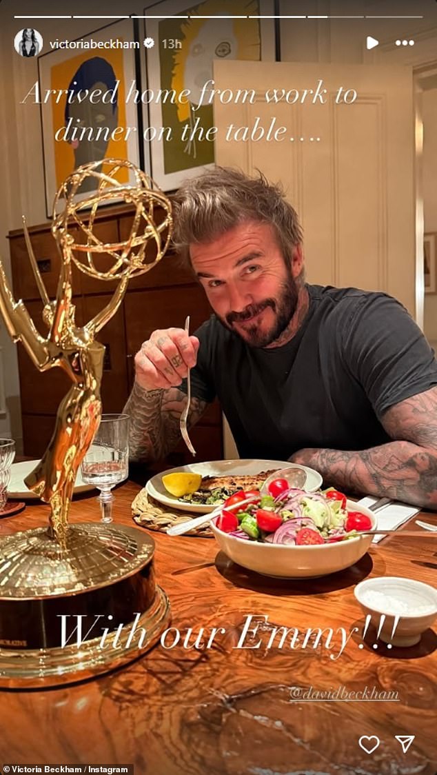 On Wednesday evening, Victoria shared a photo of her husband David posing with his Emmy Award at the family's London home