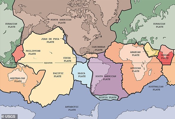 The Earth has fifteen tectonic plates (pictured) that together form the shape of the landscape we see around us today