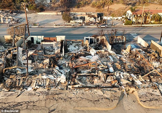 The remains of Paris Hilton's Malibu beach house can also be seen in shocking images taken on Thursday