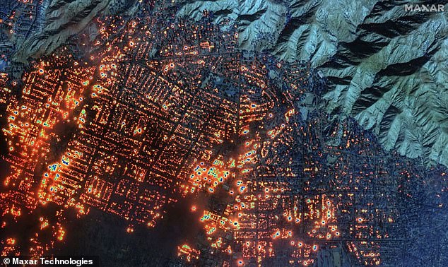 This image uses shortwave infrared imagery to show the number of burning buildings in the Altadena area of ​​Los Angeles. Each red glowing square is an individual burning house. It is estimated that the fire destroyed more than 1,000 homes in the area