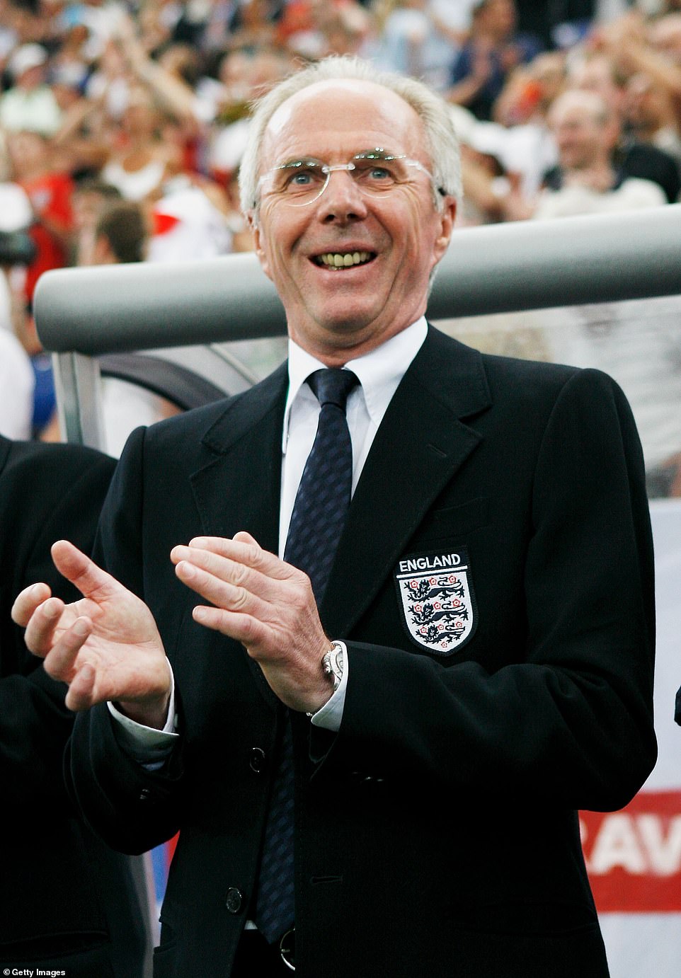 Eriksson applauded ahead of the ill-fated World Cup quarter-final against Portugal in 2006 - the match would ultimately prompt him to resign after England lost 3-1 on penalties