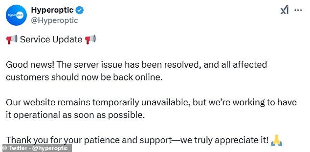 At 11:13 a.m., Hyperoptic said on X (Twitter) that all affected customers should be back online