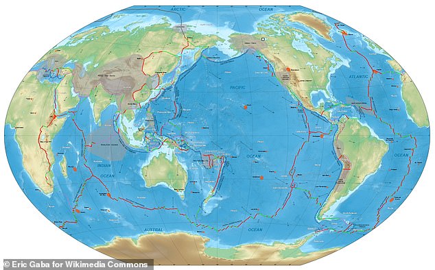 The Pacific Ocean is one big plate, so there shouldn't be any subduction material underneath it. Plate boundaries are shown here in red