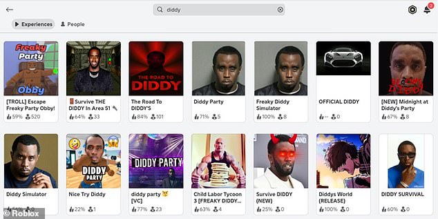 Researchers in the US examining Roblox found 600 hits when searching for 'Diddy' games