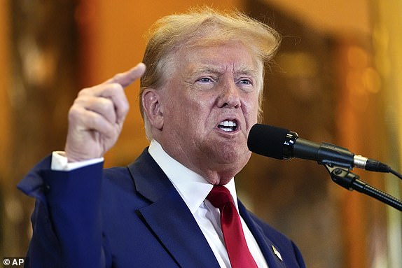 FILE - Former President Donald Trump speaks during a news conference at Trump Tower, May 31, 2024, in New York. Trump's lawyers have sent a letter to the Manhattan judge in his hush-money criminal case, asking for permission to file a motion to overturn the verdict. The letter to Judge Juan M. Merchan cited the July 1 U.S. Supreme Court ruling and asked the judge to delay Trump's sentencing while he weighs the Supreme Court's decision and how it could affect the New York case . (AP Photo/Julia Nikhinson, File)