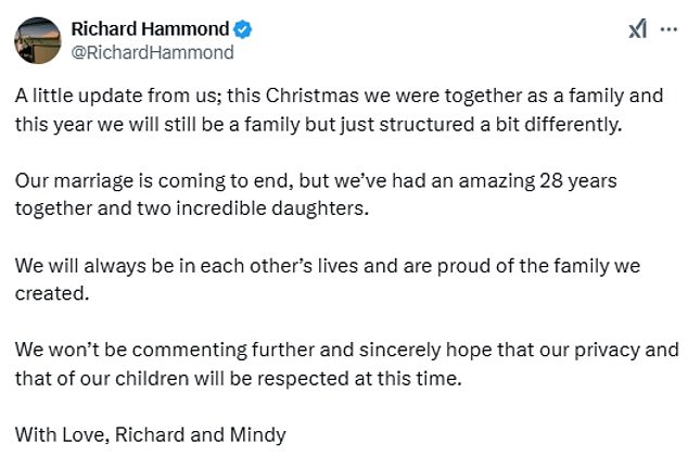 On Thursday, the Top Gear star said he and his wife have split after 28 years of marriage, writing in a statement that they will 