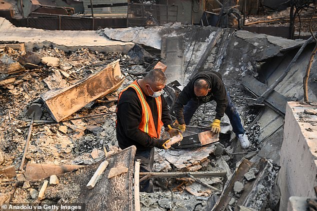 Investigators and residents sift through ash and debris in burned homes during the Eaton fire in Altadena