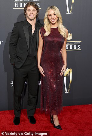 Braxton Berrios and Alix Earle posed for photos at the NFL Honors in Las Vegas last year