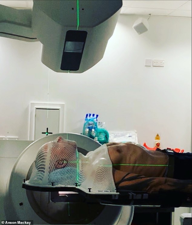 Despite intensive weeks of radiotherapy treatment during which he celebrated that there was 'no evidence the disease was left' in August 2020, he suffered the devastating blow just a year later after scans showed the disease had spread. In the photo, during radiotherapy treatment