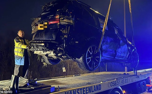 The family's BMW X5 with a British license plate reportedly lost control and ended up on its roof between the highway and an exit