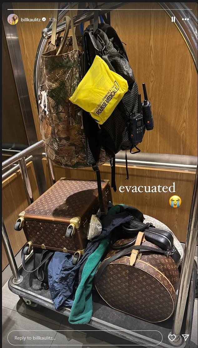 With a photo of his packed luxury suitcases, a Red Cross emergency kit and two walkie-talkies on a cart, he wrote: 'Evacuated'