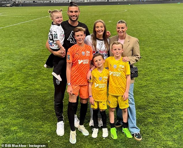 Billi and Andy share children, Arlo, nine, Wolf, six, and Marvel Mae, four, as well as his daughter and son from a previous marriage, Emilie Rose, 15, and Lucas, 14 (all pictured together)