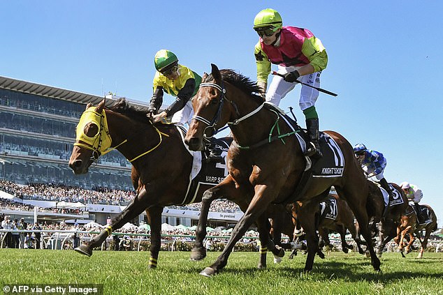 It is alleged the payment was deposited into a bank account which the trainers no longer have access to (pictured right, Knight's Choice after winning the Melbourne Cup)