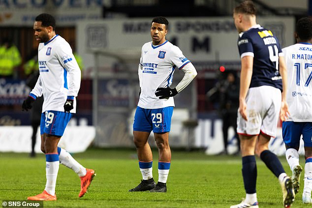 Igamane, centre, was a shining spark for Rangers but even he looked dumbfounded at Dens