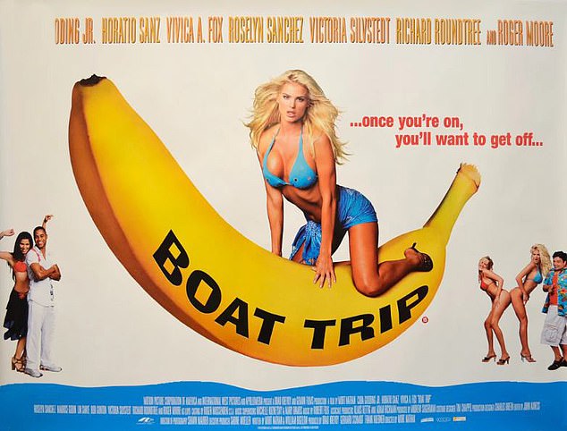 The Scandinavian actress is seen in an ocean blue bikini while riding a banana in one of the film's covers (pictured)