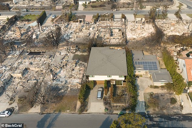 The old comedian's home in the Pacific Palisades was left standing amid the wreckage surrounding it