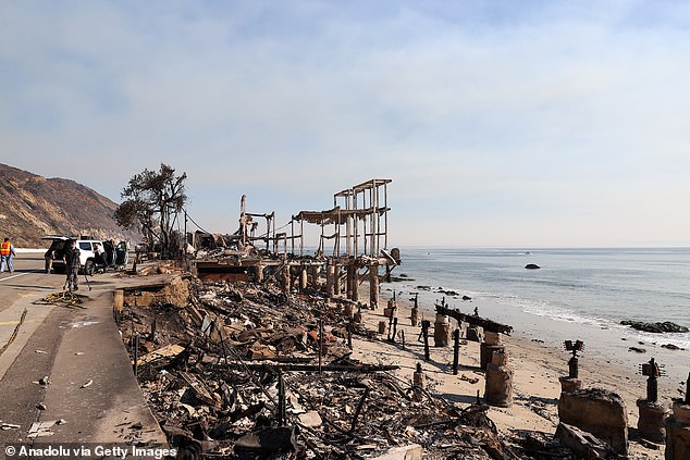 A view of burned buildings on Topanga Beach during Palisades wildfire in Topanga, Los Angeles