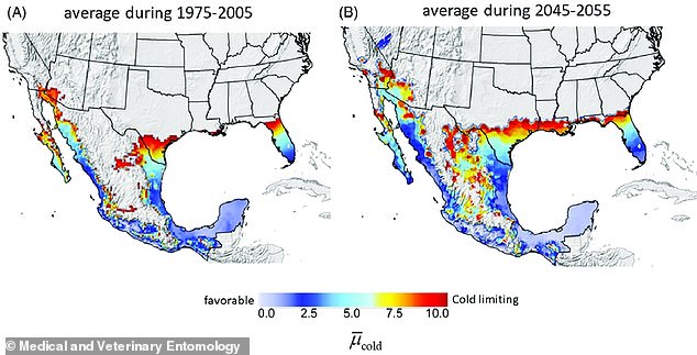 A map showing where the screwworm is currently located and how deeply it is expected to invade the United States by 2055