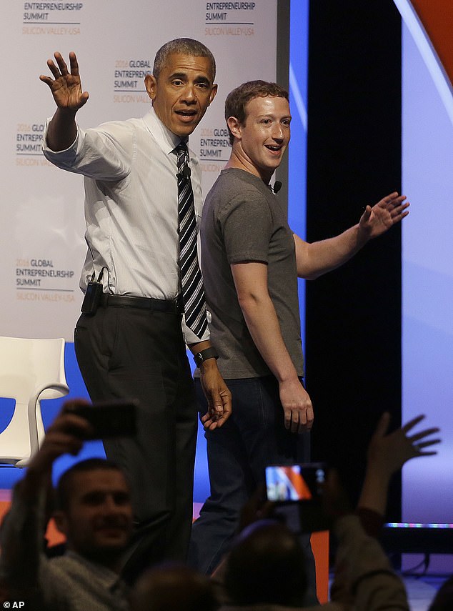 President Barack Obama and Zuckerberg wave after their speech at the Global Entrepreneurship Summit at Stanford in June 2016