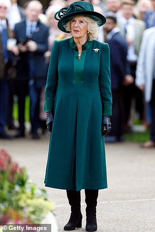 Camilla looked radiant in this spruce green Anna Valentine dress to Ascot in 2023