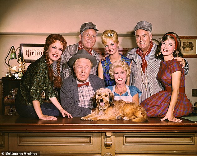 Linda Kaye Henning's most iconic role (far left) was Betty Jo Bradley in Petticoat Junction, broadcast from 1963 to 1970; (Petticoat Junction cast photo: Henning (seated), Edgar Buchanan, Bea Benaderet, Lori Saunders (seated). Back row left to right: Rufus Davis, Jeannine Riley, Smiley Burnette)