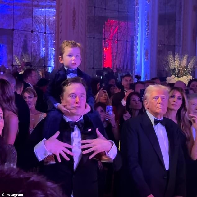 Elon Musk with X (left) stands next to President-elect Donald Trump and Melania Trump (right) during Trump's New Year's Eve party at Mar-a-Lago