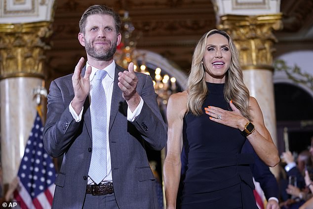 Lara (pictured with Eric Trump) also shared the moment she had to tell her two small children that their grandfather had survived an assassination attempt before they left for summer camp.