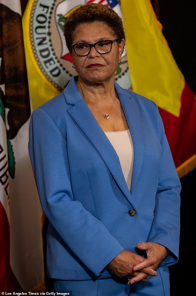 It comes after the reality star and her family were all evacuated from their mansions in Hidden Hills and Calabasas not long after the Kenneth Fire broke out; Karen Bass seen in August 2023