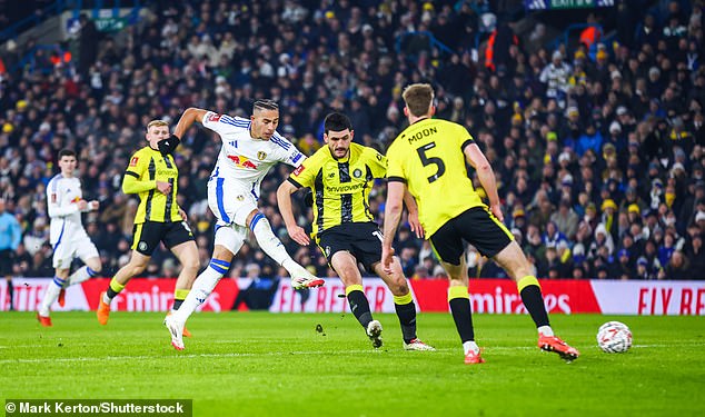 Leeds' Mateo Joseph goes for goal on Saturday evening during the third round of the FA Cup