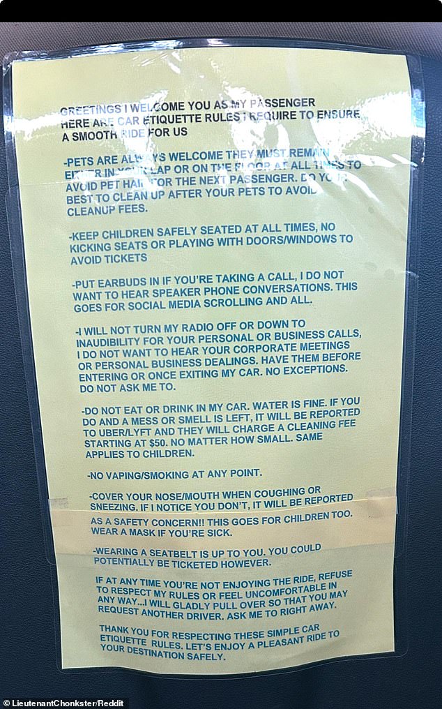 A Reddit user took to the Mildly Infuriating thread on Friday to share a photo of the elaborate lines hanging in the car during a recent rideshare trip