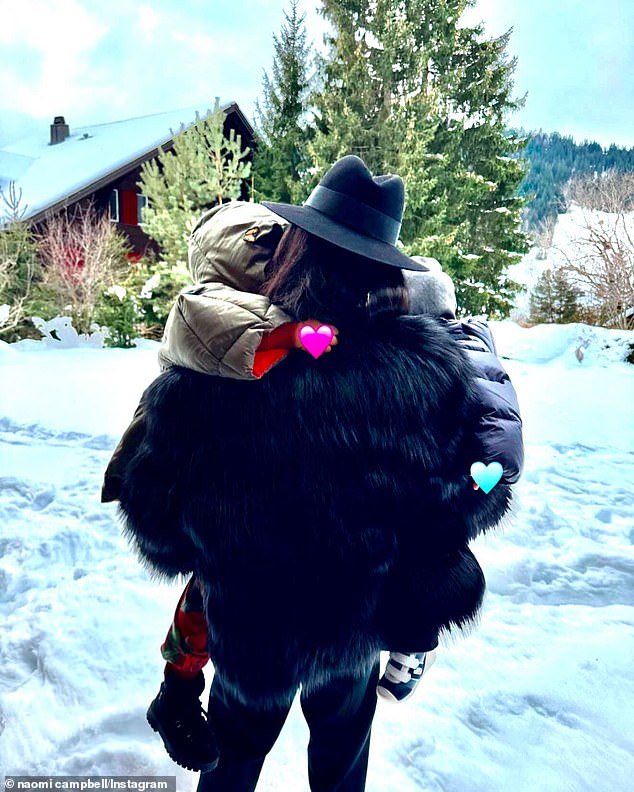 The British fashion model, 54, who appears to be on a skiing holiday with her daughter, three, and 12-month-old son, took to her Instagram to share a slew of sweet snaps