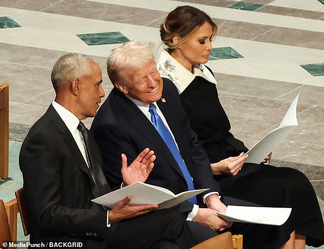 Obama took a seat next to Trump and the pair immediately began what appeared to be a very friendly conversation. Trump was so focused on their jokes that he completely turned his back on Melania and left her alone at the end of the line