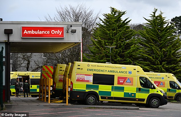 Several NHS hospitals have now declared 'critical incidents'. Ambulances are pictured waiting outside the emergency department at the Royal Cornwall Hospital on January 4