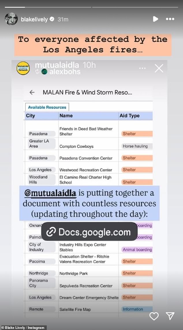 On Wednesday, the Gossip Girl star shared two Instagram stories with some helpful resources for those affected by the devastating fires that have been raging all week.