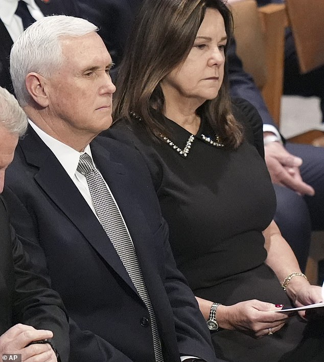 As Trump walked down the aisle, Karen Pence remained seated and refused to stand, extend her hand or even look in the direction of Trump or his wife Melania. Instead, she sat the entire time and looked ahead.