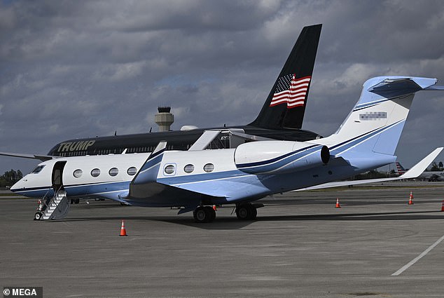 His plane was considerably smaller than the modified Boeing 757 'Trump Force One' he was parked next to on the tarmac